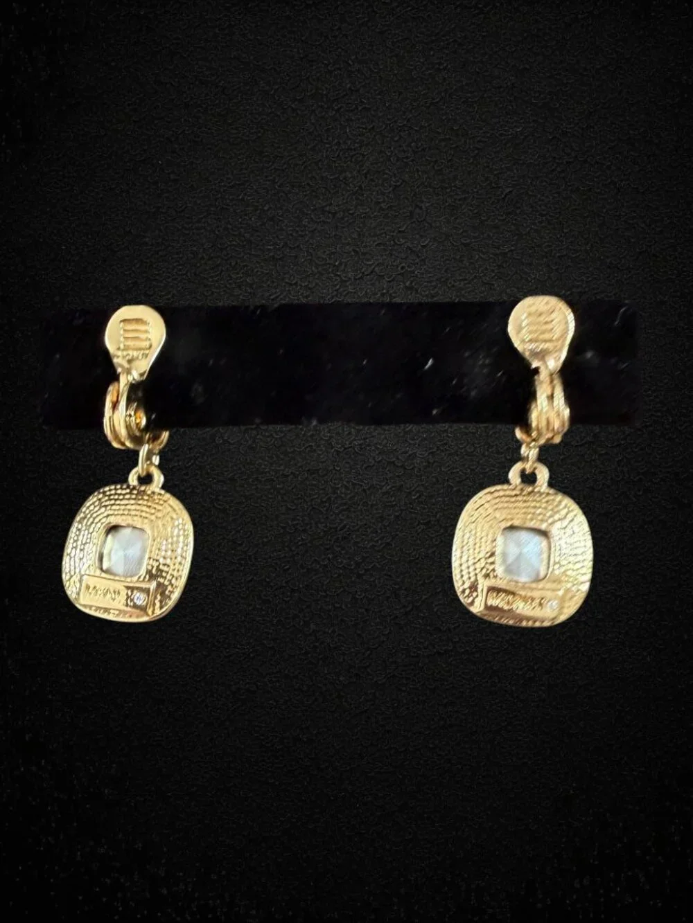 Vintage Monet Clear Rhinestone Glass Drop Clip Earrings Gold Tone Square Dangle
